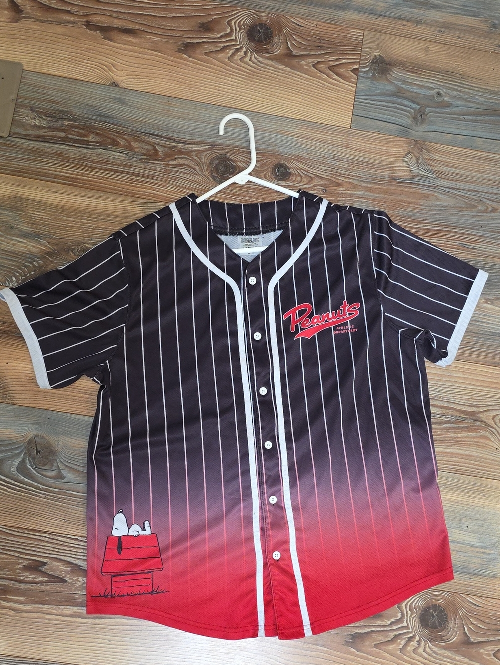 Peanuts Black to Red Gradient Pinstripe Baseball Shirt
